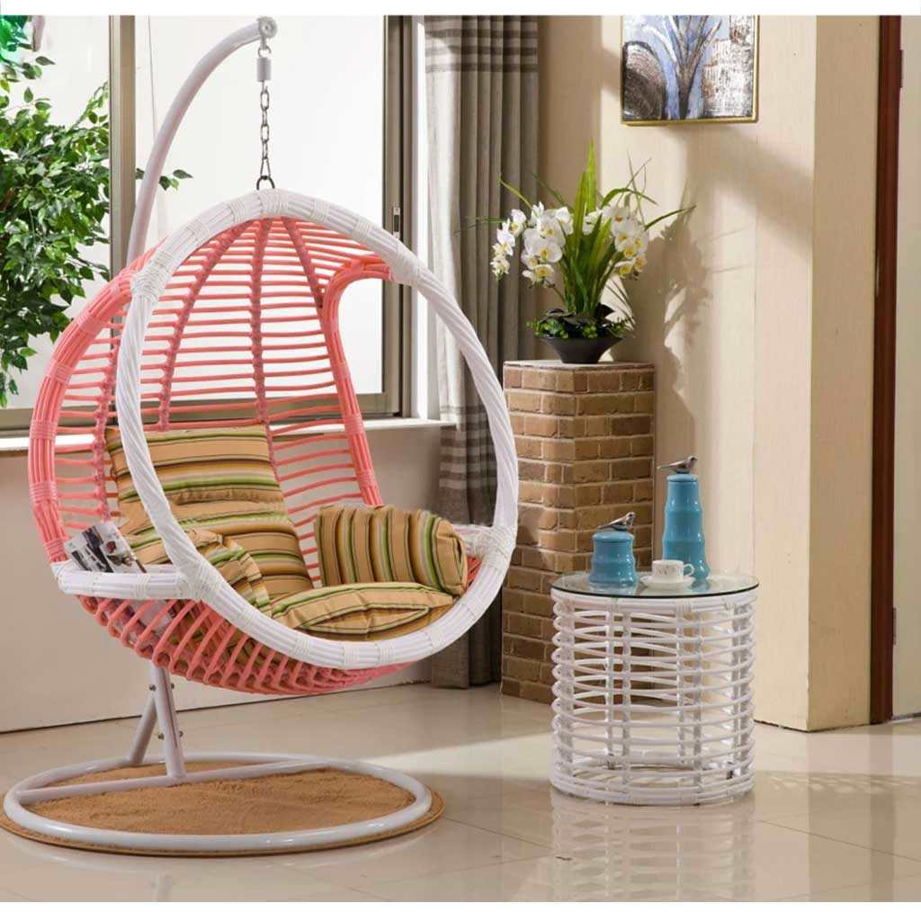 Single Hanging Chair Rattan and Jacquard - White كرسي مرجيحه معلق رتان أبيض فاخر مع ترابيزة جانبية بتصميم عصري - الصورة 1