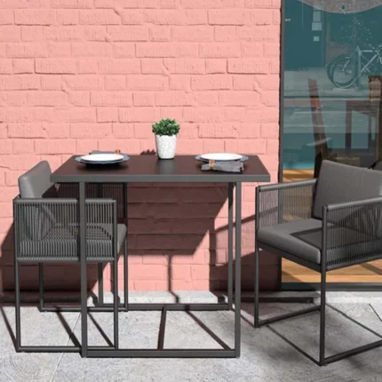 كراسي راتان أسود مع قماش رمادي – طقم عصري فاخر