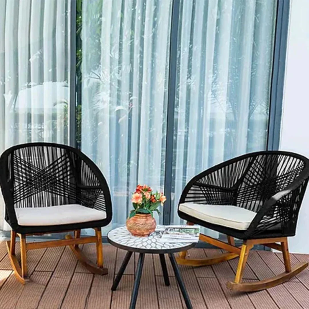 2-piece rope chair and table set, robe black color كراسي بلكونة رتان بيور مع قماش أوف وايت وتصميم أسود أنيق - الصورة 1