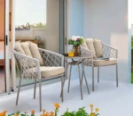 كراسي بلكونة رمادي فاتح مع قماش بيج – طقم عصري عملي