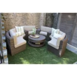 جلسات خارجية للمنازل رتان نحاسي مع قماش بيج – اثاث خارجي مودرن