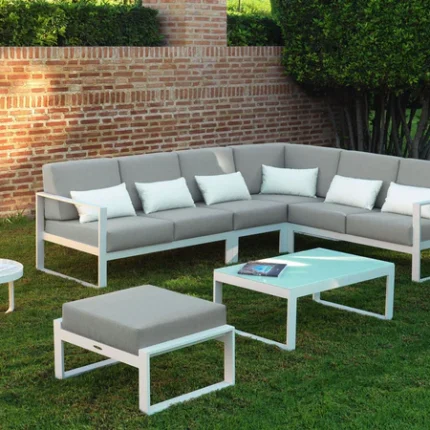جلسات حدائق خارجية عصري أبيض مع قماش رمادي | أثاث خارجي فاخر