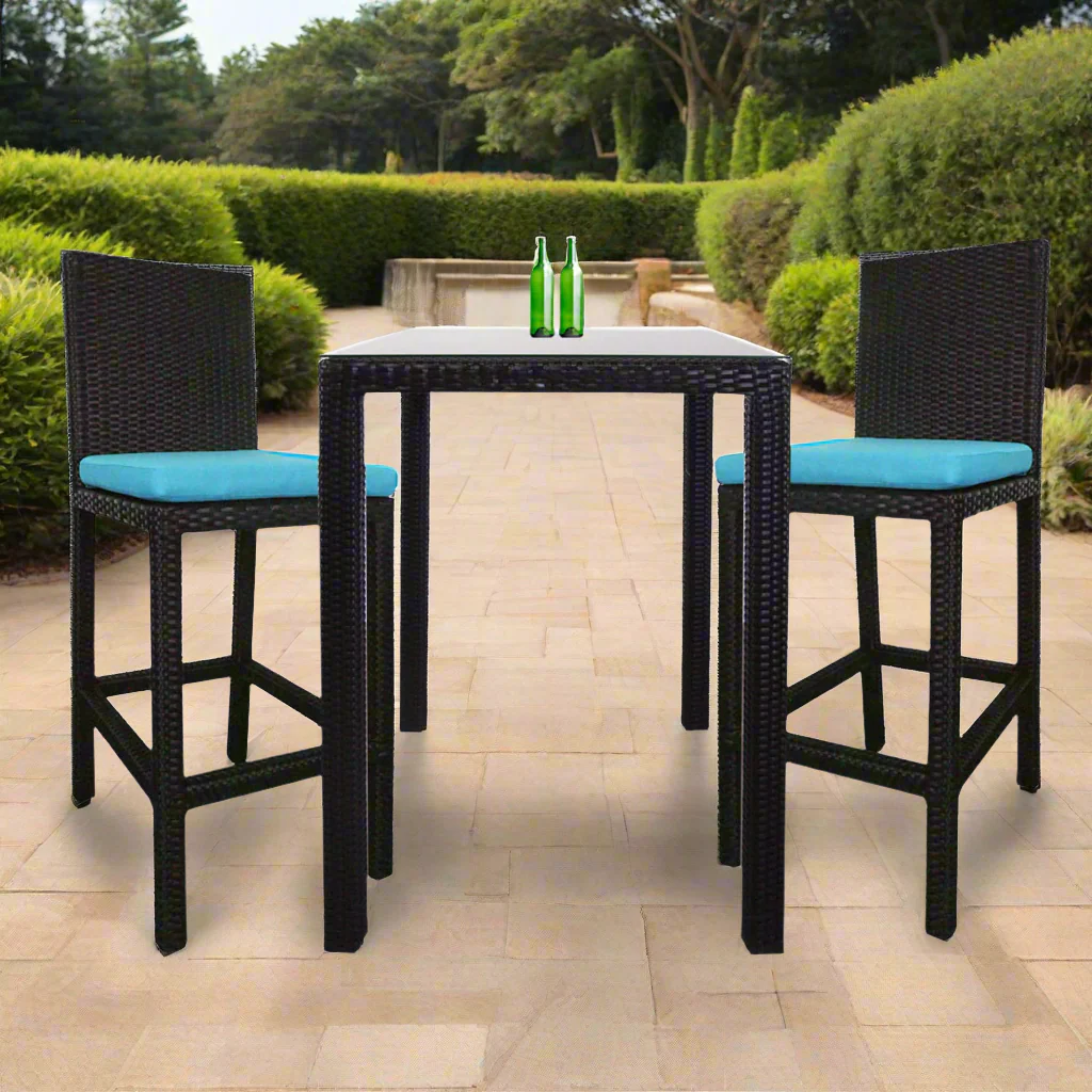 Garden Bar Set 2 Chairs and Table - Black Rattan with Turquoise Fabric كرسي بار طقم 2 كرسي مايفل رتان بيور عصري وفاخر - الصورة 1