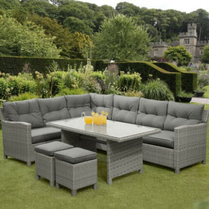 ركنة رتان رمادي لجلسات خارجية فاخرة | أثاث خارجي معدني مقاوم للصدأ