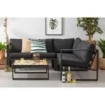 ركنه حديد 225x160 سم مع ترابيزة | أثاث معدني فاخر أسود وخشب بيج