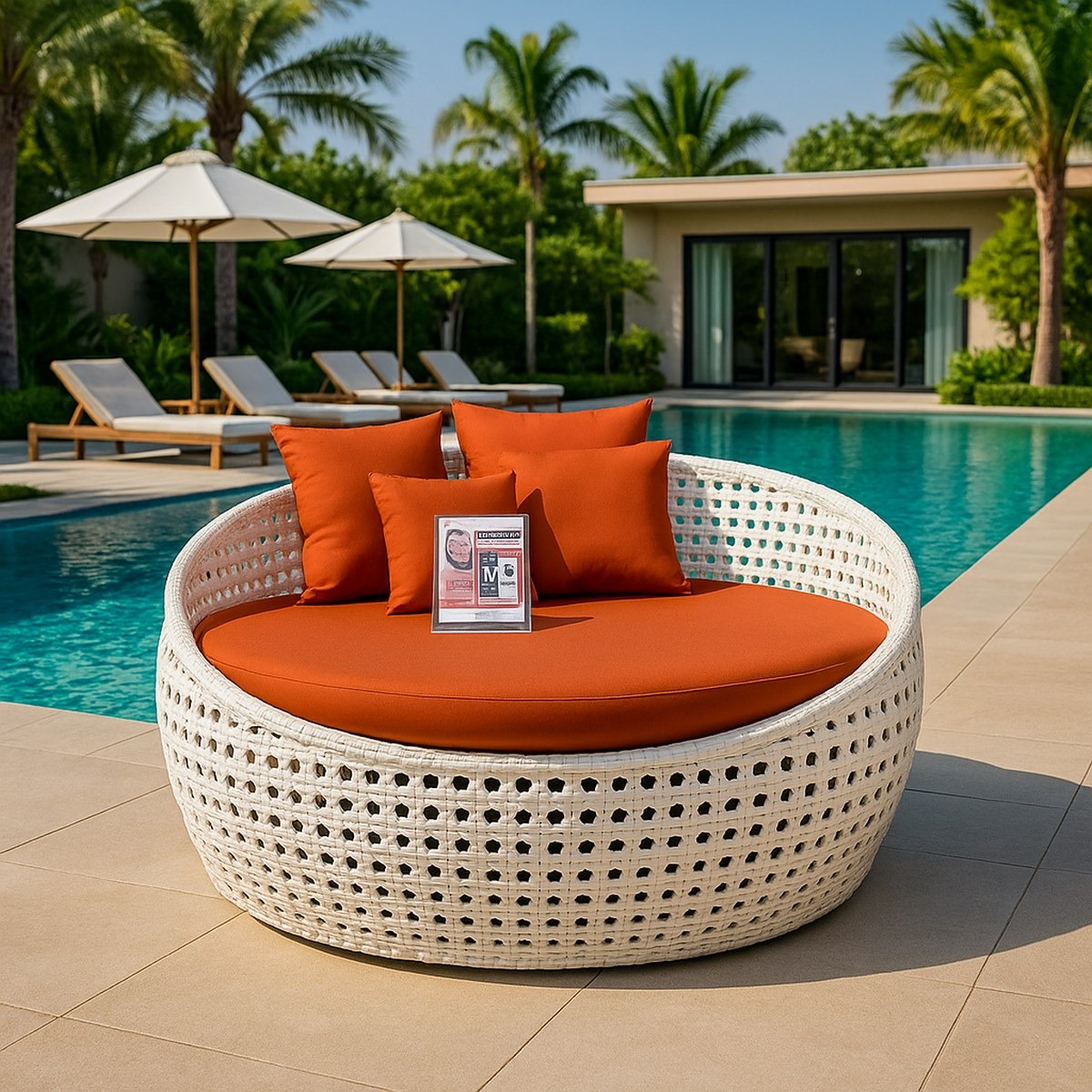 Outdoor furniture chair, iron and waterproof fabric شازلونج بحر بلاستيك أبيض وبرتقالي بمقاس 150×150 وشلت ووسائد - الصورة 1