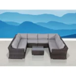 جلسات خارجية رتان بني مع وسائد رمادية – أثاث خارجي فخم ومقاوم للعوامل الجوية