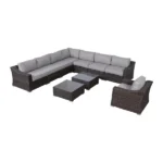 ⁦جلسات خارجية رتان بني مع وسائد رمادية – أثاث خارجي عصري مقاوم للعوامل الجوية⁩ - الصورة ⁦4⁩