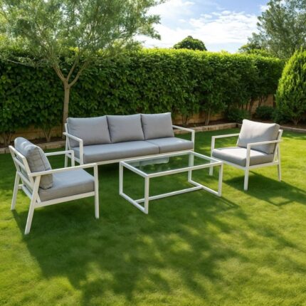 طقم اثاث خارجى معدنى 4 قطع أبيض رمادي مودرن حديد عملي