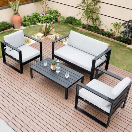 طقم اثاث خارجى حديد و كتان 4 قطع أبيض أسود مودرن – جودة عالية