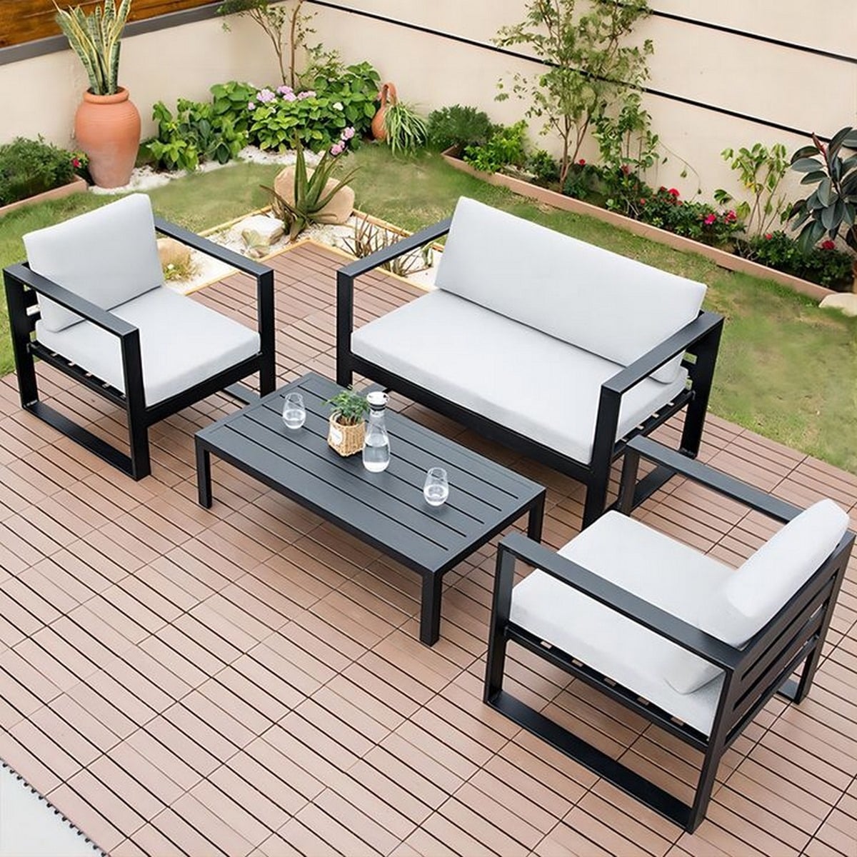 41 طقم اثاث خارجى حديد و كتان 4 قطع أبيض أسود مودرن – جودة عالية - الصورة 1