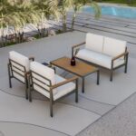 طقم أثاث خارجي حديد و كتان 4 قطع رمادي بيج – تصميم مودرن عملي