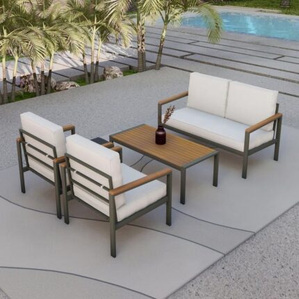 طقم أثاث خارجي حديد و كتان 4 قطع رمادي بيج – تصميم مودرن عملي