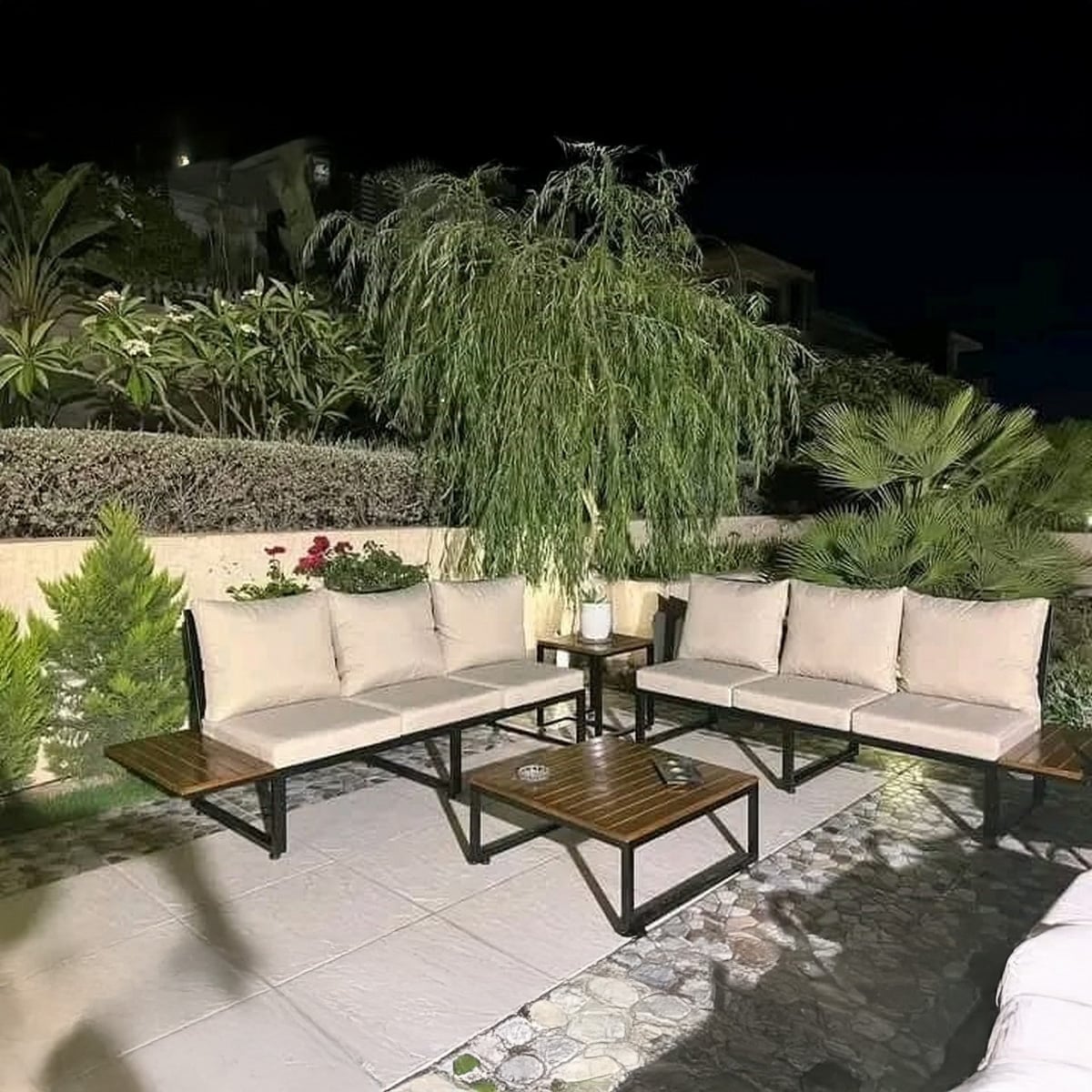 ALEOUT73026-ENV (1) اثاث خارجى معدنى طقم ستيل مودرن 225سم اسود واوف وايت - الصورة 1