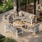 طقم اثاث خارجى معدنى وخشب سويدي 5 قطع أبيض رمادي مودرن