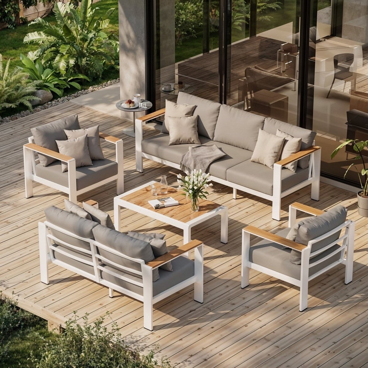 ARKAOUT111934-ENV طقم اثاث خارجى معدنى وخشب سويدي 5 قطع أبيض رمادي مودرن - الصورة 1