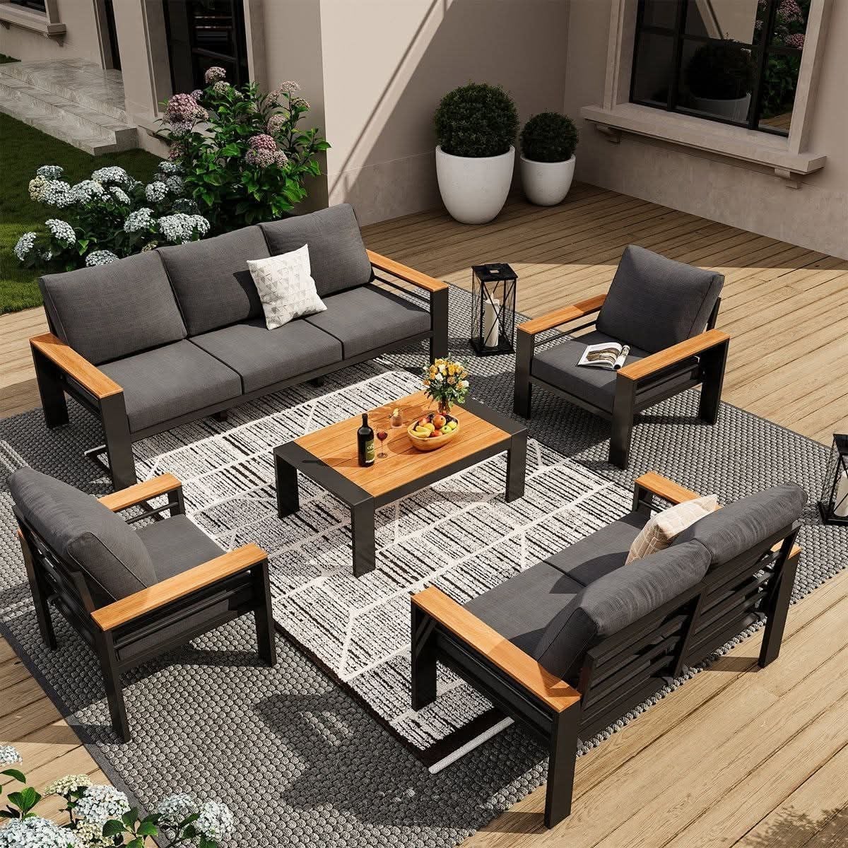 ARKAOUT111937-ENV (1) اثاث خارجى معدنى حديد وخشب سويدي 5 قطع وتر بروف أسود - الصورة 1