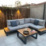 اثاث خارجى معدنى طقم ستيل 3 قطع كتان وتر بروف أسود رمادي