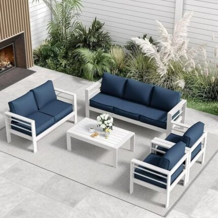 طقم اثاث خارجى معدنى 5 قطع أبيض أزرق مودرن حديد مقاوم